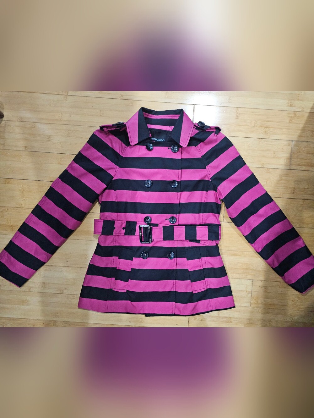 Cynthia Rowley Black Pink Striped Double Bressted Button Rain Jacket Coat Trench - Picture 2 of 16